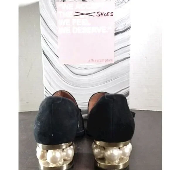 Jeffrey Campbell Civil Studded Loafer In Black Suede with Gold Hardware & Pearls - Picture 3 of 9